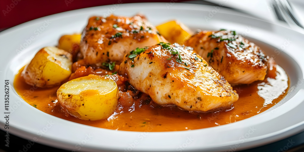 Delicious fish and potato dish served on a white plate, garnished with flavorful sauce Delicious fish and potato dish served on a white plate, garnished with flavorful sauce