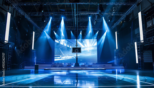 Basketball court with intense lighting, while hoop and scoreboard are ready for action on background with crowdy stages. Concept of sport games, competition, entertainment, action and motion photo