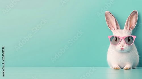 Cute white rabbit wearing pink sunglasses against a pastel blue background