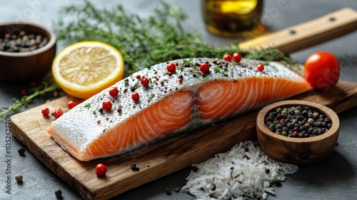 Freshly prepared salmon with herbs and vegetables on a wooden board in a kitc...