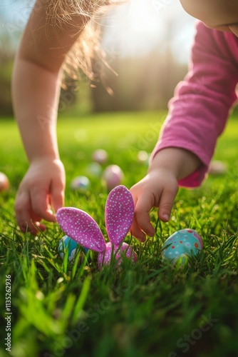 Children searching for colorful eggs in the grass during an outdoor Easter ce...