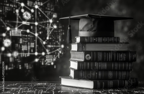 Cap and books symbolize learning and education in a classroom setting
