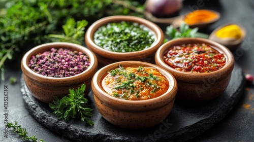 Colorful assortment of fresh sauces and herbs in clay bowls on a rustic table