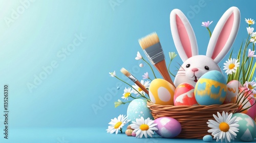 Colorful Easter basket with decorated eggs and a bunny in a cheerful setting