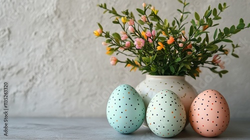 Decorative vase with painted eggs and spring branches on a light background