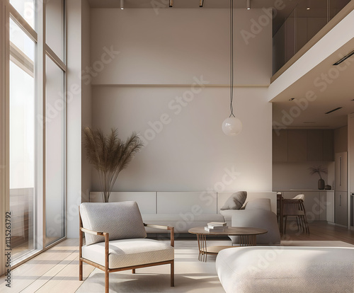 Aesthetic elegant minimalist modern interior design. Clear mock up empty wall for decoration in the apartment. Copy space in the room. Neutral palette of natural colors.