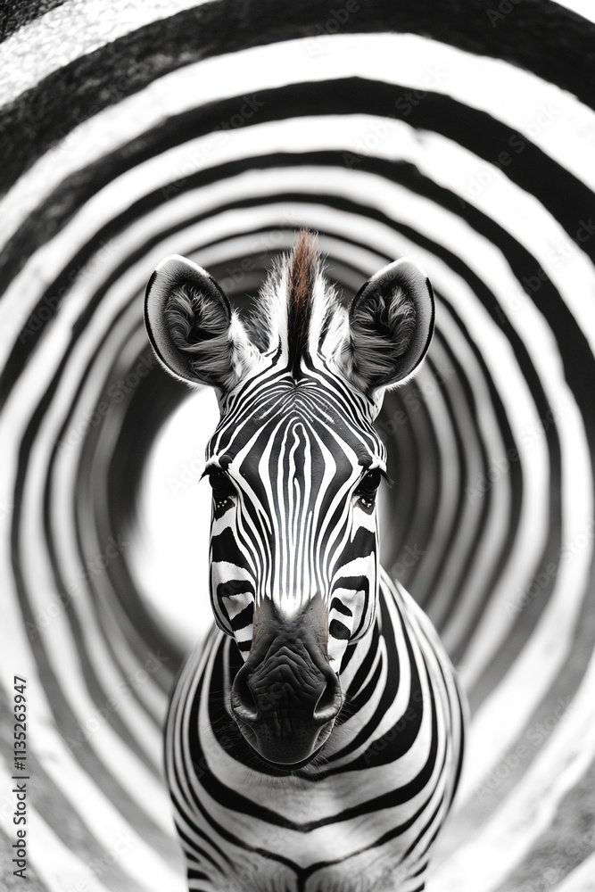 Fototapeta premium Zebra standing confidently in a circular tunnel of stripes during daylight in a natural setting