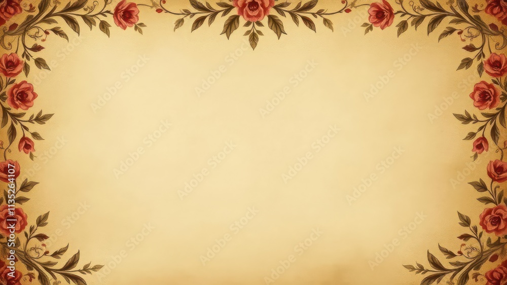 Aged paper texture with faded floral border, space for text, paper texture, pastel, floral pattern Aged paper texture with faded floral border, space for text, paper texture, pastel, floral pattern