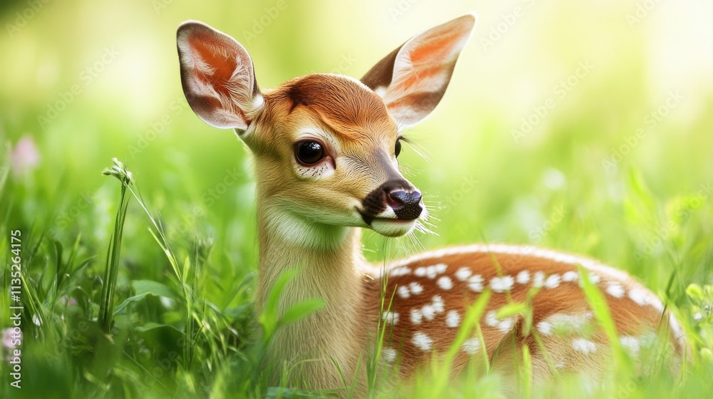 Vibrant photograph of a young fallow deer fawn in grassy meadow Vibrant photograph of a young fallow deer fawn in grassy meadow