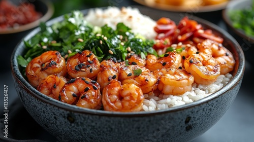 Fresh shrimp bowl with rice, vegetables, and cherry tomatoes for a healthy meal