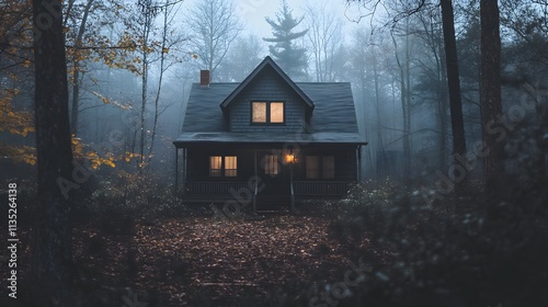 Eerie old house stands alone in the foggy forest at twilight with glowing windows