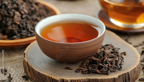 Beautiful still life featuring dry Chinese pu-erh tea and a hot cup of this majestic detox beverage, ready to drink. Capturing the essence of tea ceremony and drinking culture photo