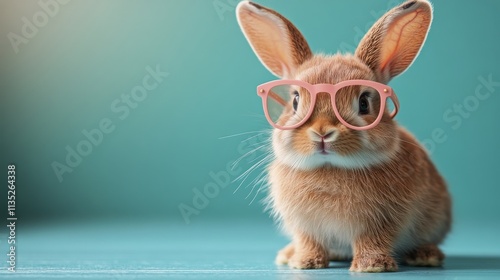Cute bunny wearing pink glasses poses against a vibrant turquoise background