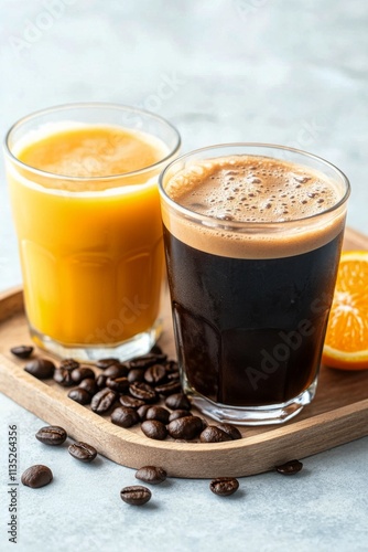 Refreshing orange and iced coffee drinks with fresh orange slices and coffee ...