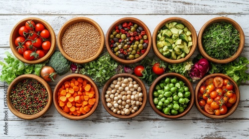 Colorful arrangement of fresh vegetables and herbs in bowls on a wooden surface