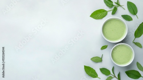 Refreshing green herbal tea served in bowls with fresh mint leaves on a light...