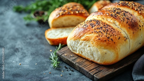 Freshly baked bread on wooden board with sliced pieces and chopped herbs