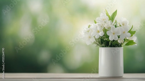Fresh white flowers in a vase placed on a wooden table beside a softly lit wi...