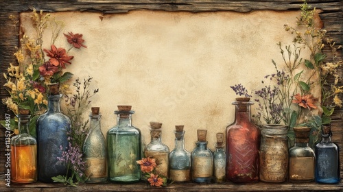 Vintage Apothecary Bottles and Dried Flowers