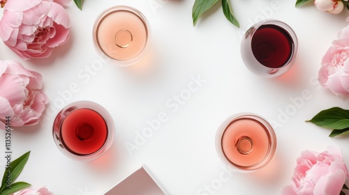 Bright wine glasses with fresh peonies on a white background for spring celeb...
