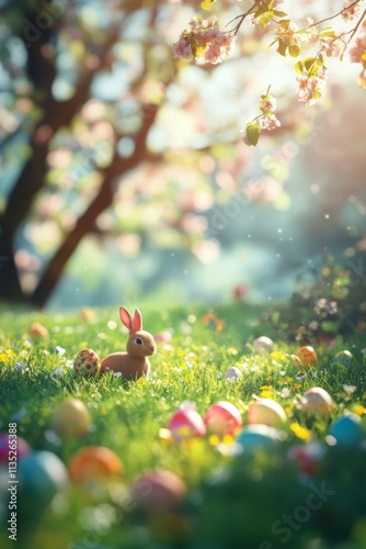 Colorful eggs scattered in a sunny spring garden with a bunny nearby