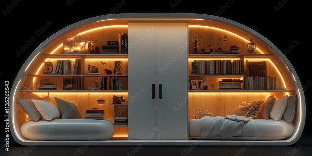 Fototapeta premium Modern minimalist curved bedroom pod with built-in shelves and bed.