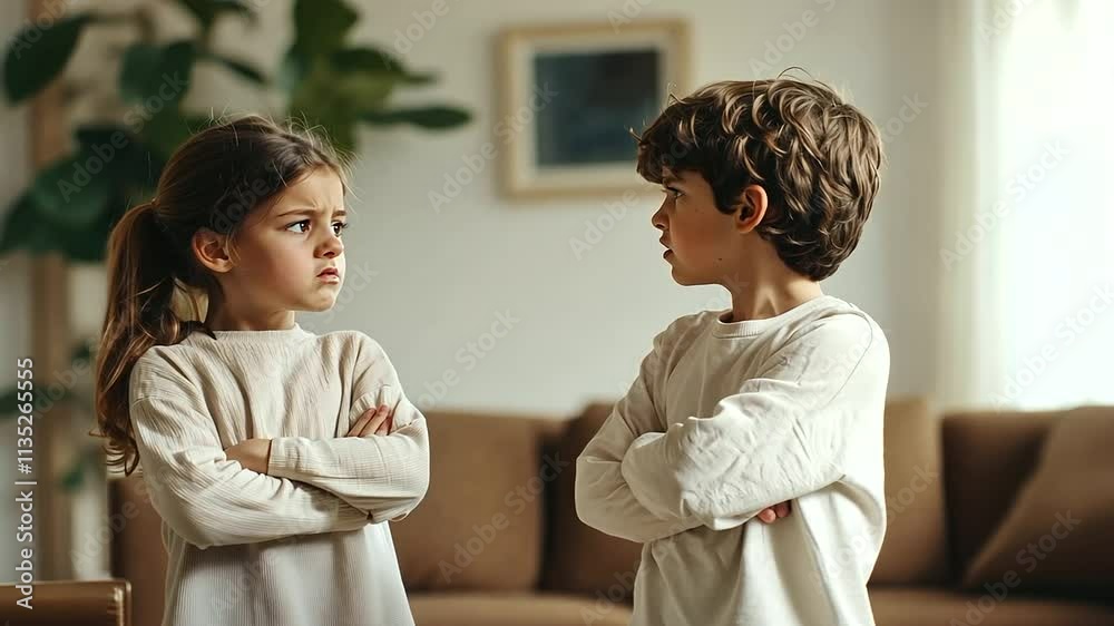 1_Siblings in Conflict with Angry Expressions in Living Room 1_Siblings in Conflict with Angry Expressions in Living Room