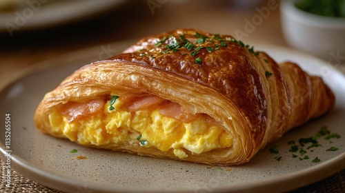 Breakfast treat featuring fluffy croissants filled with cheese and bacon serv...