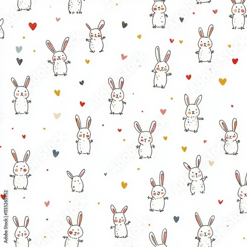 Bunny pattern with playful rabbits and colorful hearts on a white background