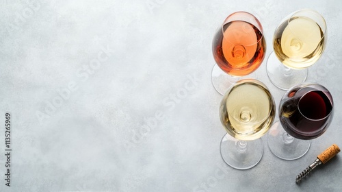 Various wine glasses arranged on a gray surface with a corkscrew nearby