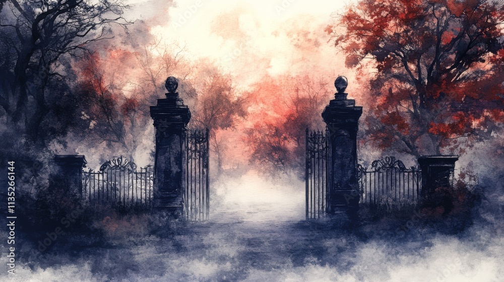 Mystical Foggy Gate in Autumn Forest Mystical Foggy Gate in Autumn Forest
