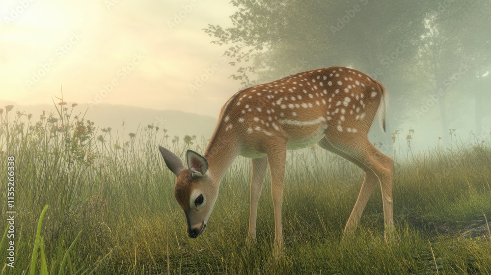 Young deer grazing in misty dawn meadow Young deer grazing in misty dawn meadow
