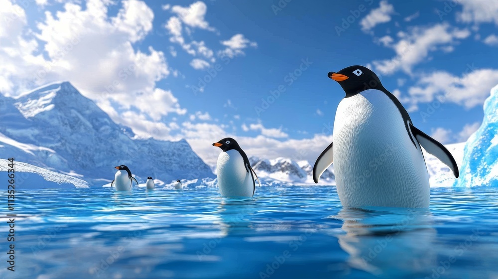 Fototapeta premium Penguins in Antarctic Waters - Three penguins swim in icy blue water, majestic mountains and glaciers form a stunning backdrop, symbolizing wilderness, freedom, adventure, nature, and wildlife.