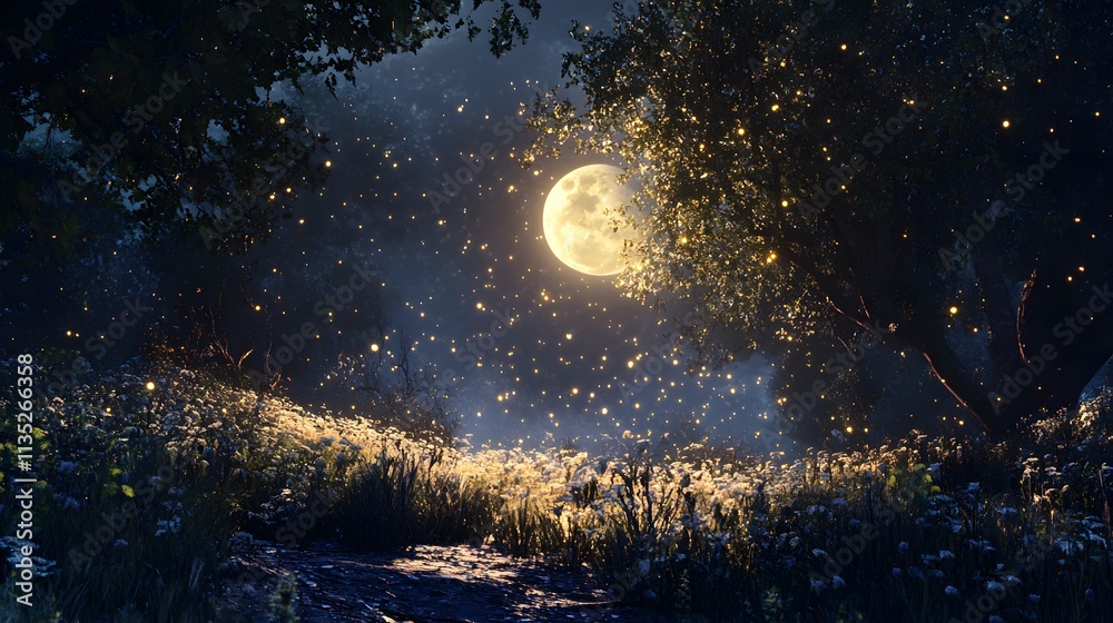 Naklejka premium Shimmering dust floating through a quiet clearing in the forest