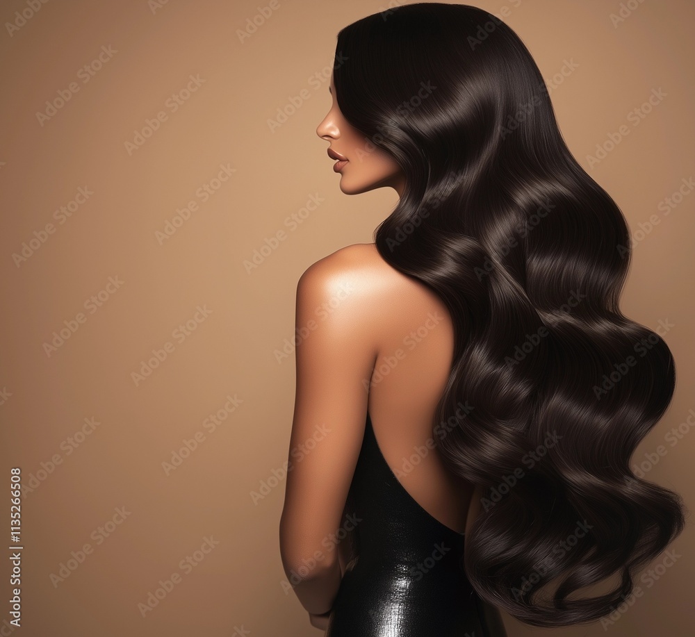 Fototapeta premium Women from back in profile with healthy long dark brown hair