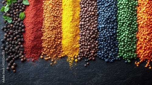 Colorful array of spices and lentils arranged on a dark background in a culin...