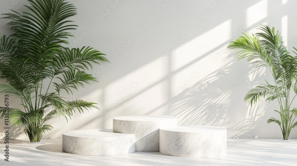 Fototapeta premium Modern Minimalist Interior with Marble Stands and Palm Leaves