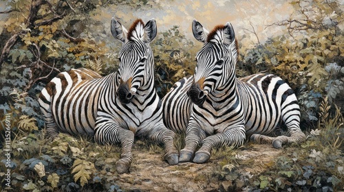 Two wild zebra resting. together in Africa