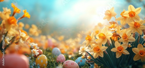 Colorful Easter eggs and spring flowers on a bright blue background