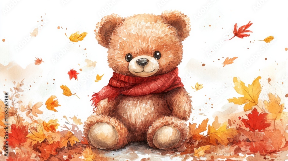 Cute Teddy Bear with Autumn Leaves