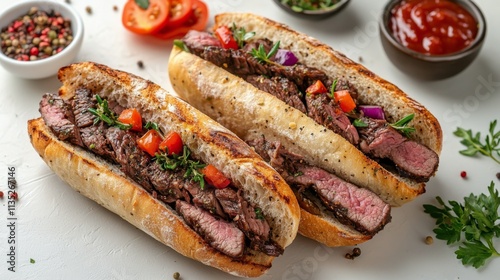 Delicious grilled steak sandwiches with fresh toppings served on a white back...