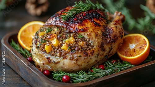 Roast chicken with stuffing and garnishes on a wooden platter for a festive d...
