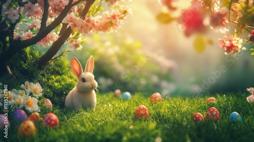 Springtime garden with a rabbit and colorful eggs in a blooming landscape