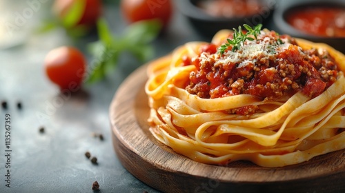 Delicious pasta dish with bolognese sauce and fresh herbs on a wooden board