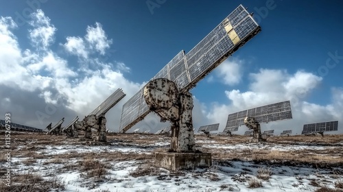 Abandoned solar panels in snowy field under a bright sky. photo