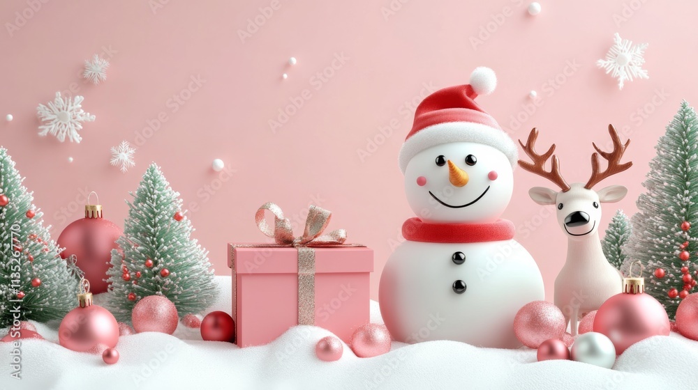Festive Christmas Scene with Snowman and Reindeer Festive Christmas Scene with Snowman and Reindeer