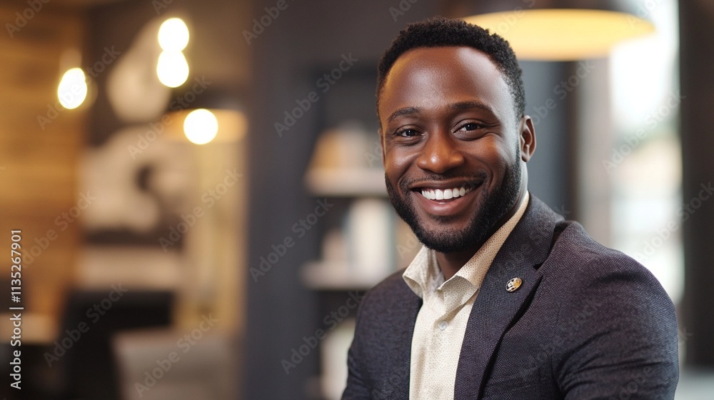 Confident and Cheerful African American Executive in a Business Setting, Perfect for Corporate and Professional Use Confident and Cheerful African American Executive in a Business Setting, Perfect for Corporate and Professional Use