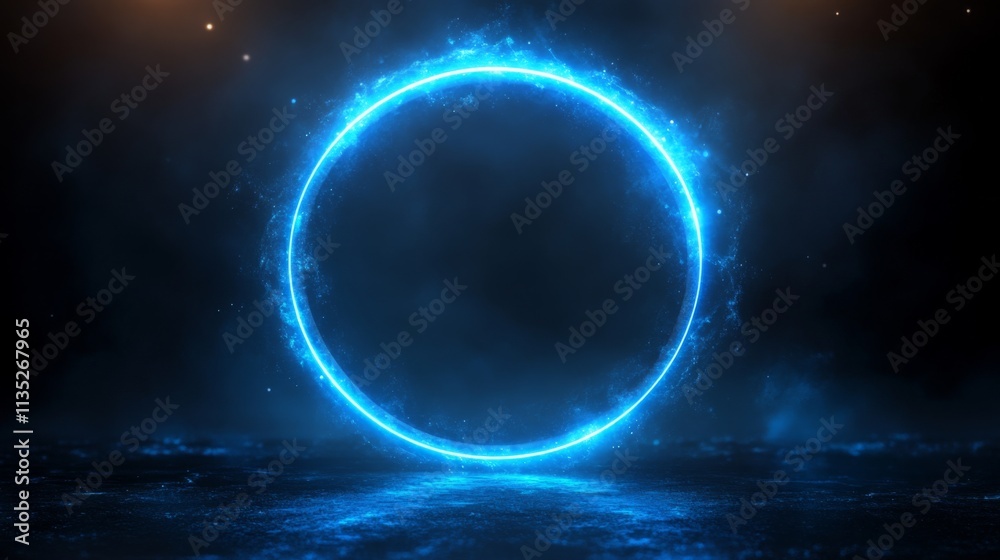 Glowing Blue Neon Circle in Dark Space Glowing Blue Neon Circle in Dark Space