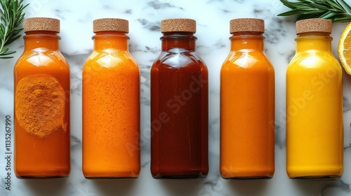 Freshly bottled juices arranged on a marble countertop with fruit accents
