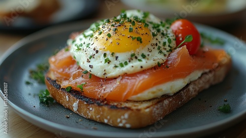 Delicious smoked salmon toast topped with fried egg and cherry tomato on a wo...